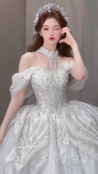 Superbe robe de bal à épaules dénudées, en tulle, paillettes et perles, longue robe de mariée C4069