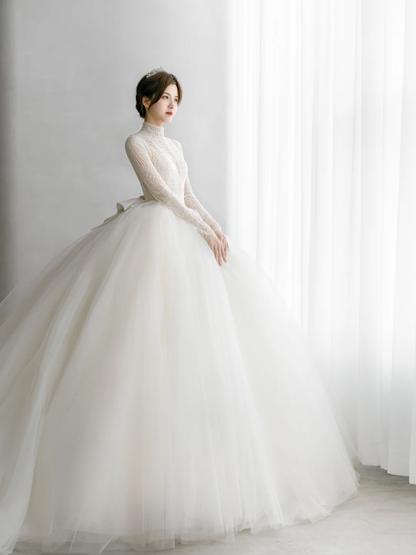 Robe de mariée longue en tulle et dentelle, manches longues, style unique, C4171