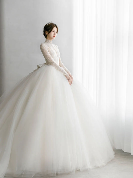 Robe de mariée longue en tulle et dentelle, manches longues, style unique, C4171
