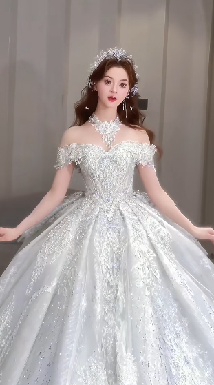 Robe de mariée longue intemporelle en tulle, épaules dénudées, sequins et perles, C4072