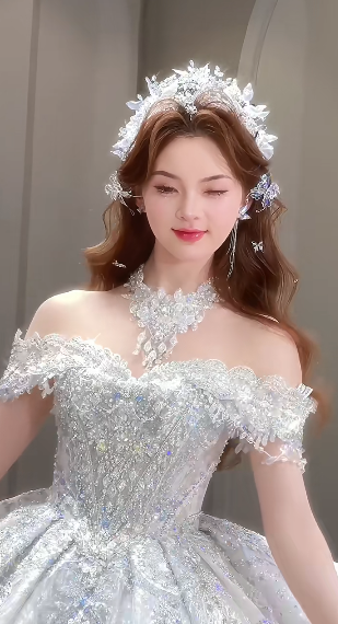 Robe de mariée longue intemporelle en tulle, épaules dénudées, sequins et perles, C4072