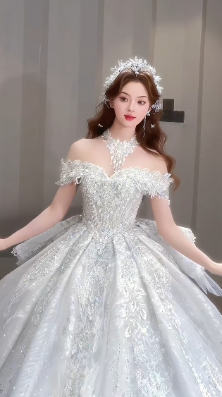 Robe de mariée longue intemporelle en tulle, épaules dénudées, sequins et perles, C4072
