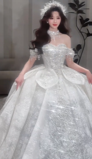 Superbe robe de mariée longue en tulle, épaules dénudées, sequins et perles, C4074