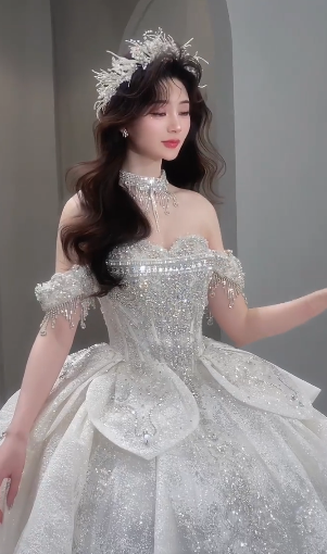 Superbe robe de mariée longue en tulle, épaules dénudées, sequins et perles, C4074