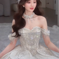 Superbe robe de mariée longue en tulle, épaules dénudées, sequins et perles, C4074