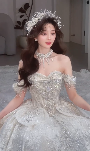 Superbe robe de mariée longue en tulle, épaules dénudées, sequins et perles, C4074
