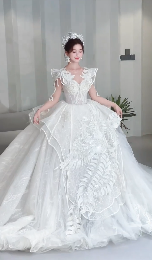 Robe de mariée longue en tulle, paillettes et perles, manches longues, C4075