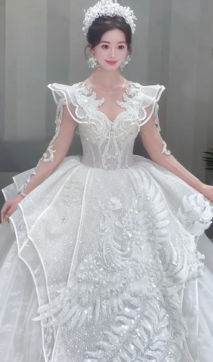 Robe de mariée longue en tulle, paillettes et perles, manches longues, C4075