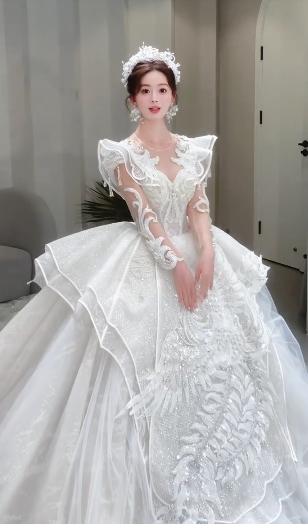 Robe de mariée longue en tulle, paillettes et perles, manches longues, C4075
