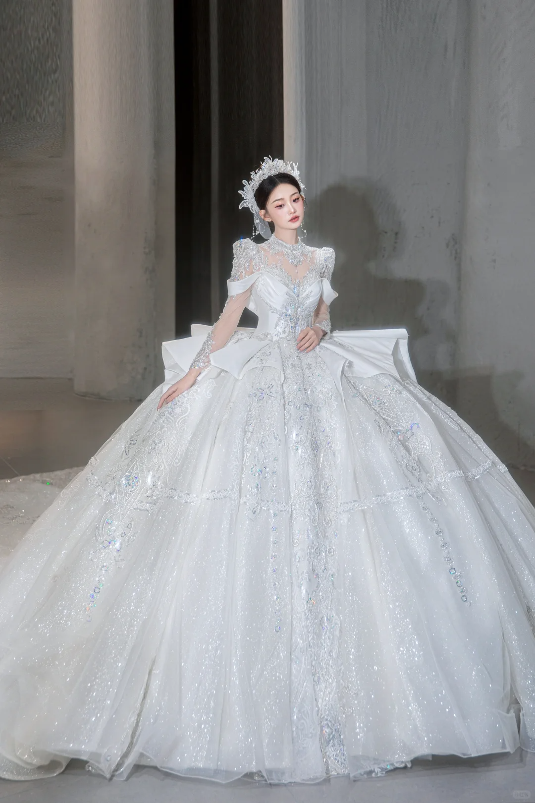 Timeless Ball Gown Satin Tulle Sequin Beaded Long Sleeves Long Wedding Dresses C4077