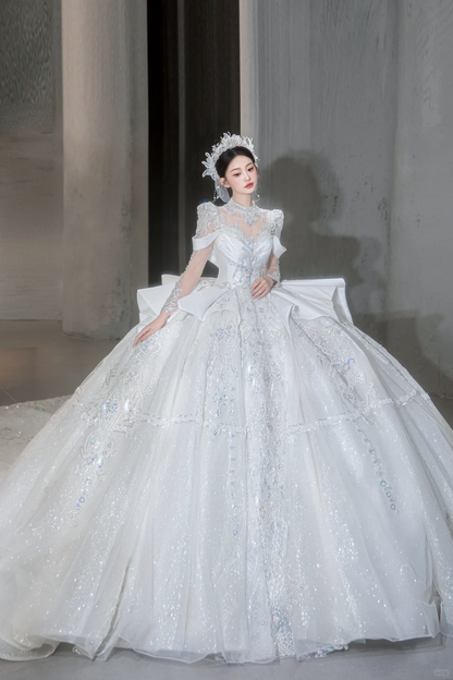 Timeless Ball Gown Satin Tulle Sequin Beaded Long Sleeves Long Wedding Dresses C4077