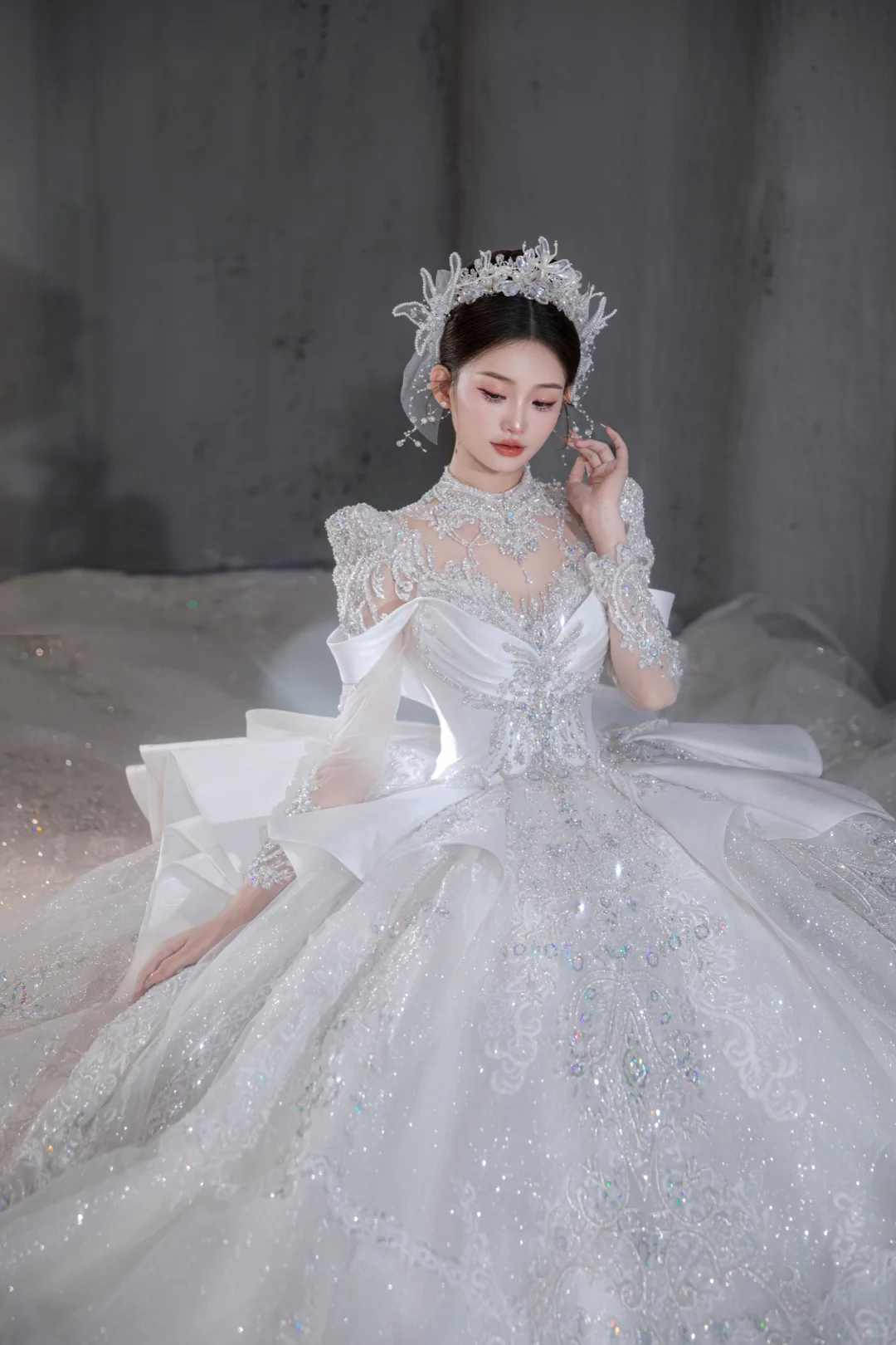 Timeless Ball Gown Satin Tulle Sequin Beaded Long Sleeves Long Wedding Dresses C4077