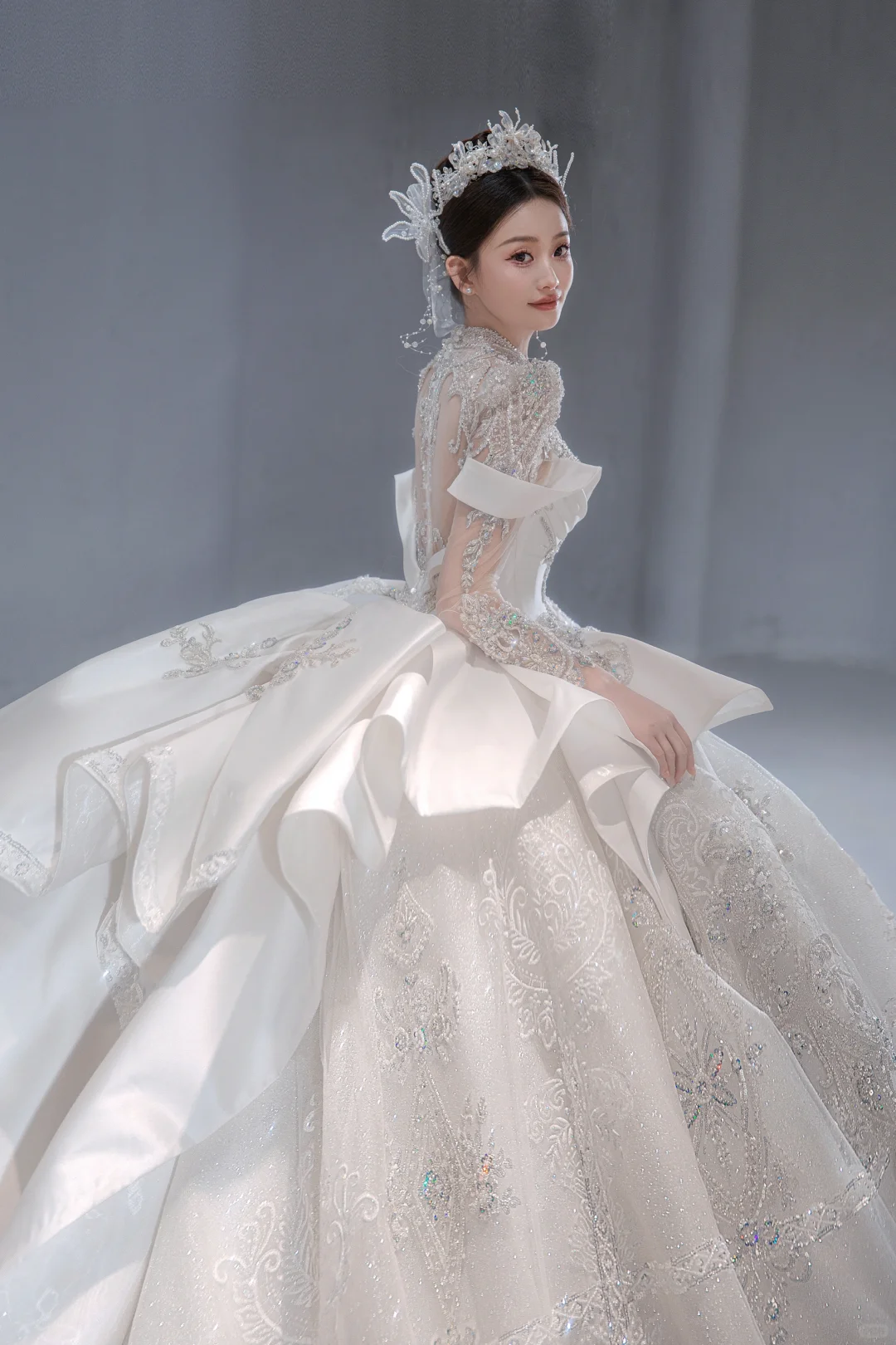 Timeless Ball Gown Satin Tulle Sequin Beaded Long Sleeves Long Wedding Dresses C4077
