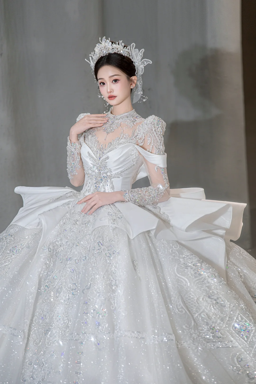 Timeless Ball Gown Satin Tulle Sequin Beaded Long Sleeves Long Wedding Dresses C4077
