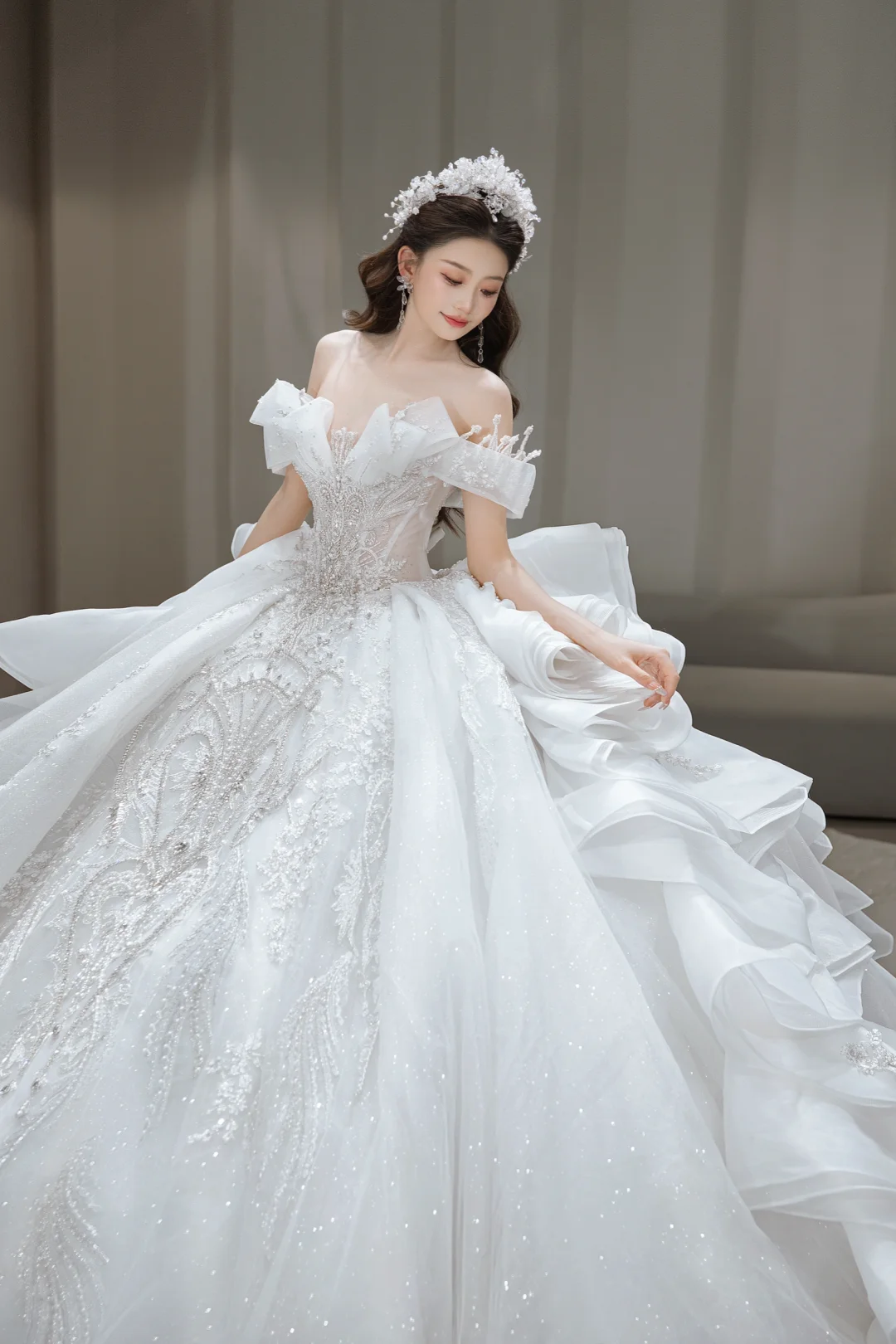 Robe de mariée longue en tulle et sequins, épaules dénudées, style bal intemporel, C4082