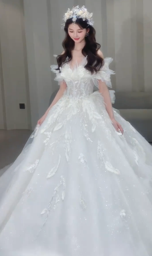Gorgeous Ball Gown Off The Shoulder Tulle Sequin Long Wedding Dresses C4084