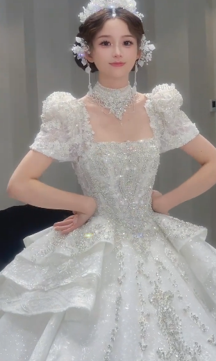 Robe de mariée longue à manches courtes et tulle à sequins, style bal de promo, style Timeles, C4085