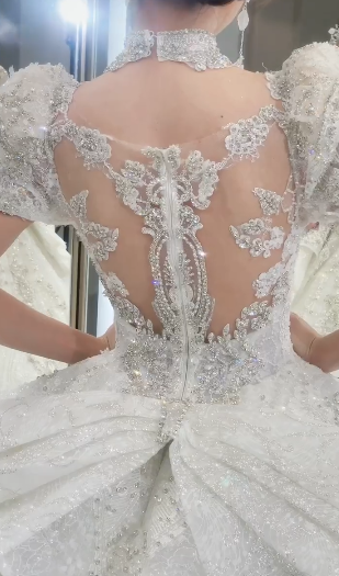 Robe de mariée longue à manches courtes et tulle à sequins, style bal de promo, style Timeles, C4085