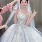 Superbe robe de mariée longue en tulle, bustier, sequins et voile, C4087