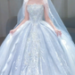 Superbe robe de mariée longue en tulle, bustier, sequins et voile, C4087