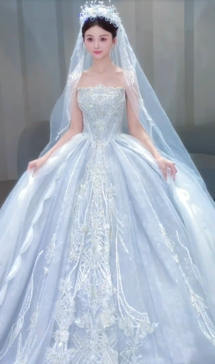 Superbe robe de mariée longue en tulle, bustier, sequins et voile, C4087