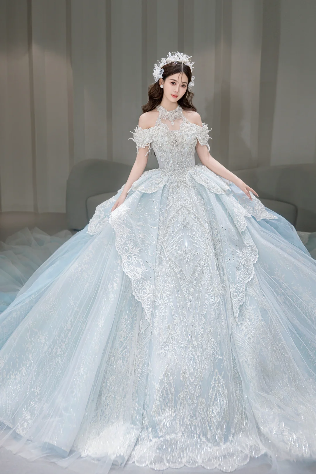 Robe de mariée longue en tulle et dentelle à paillettes, épaules dénudées, style bal intemporel, C4088