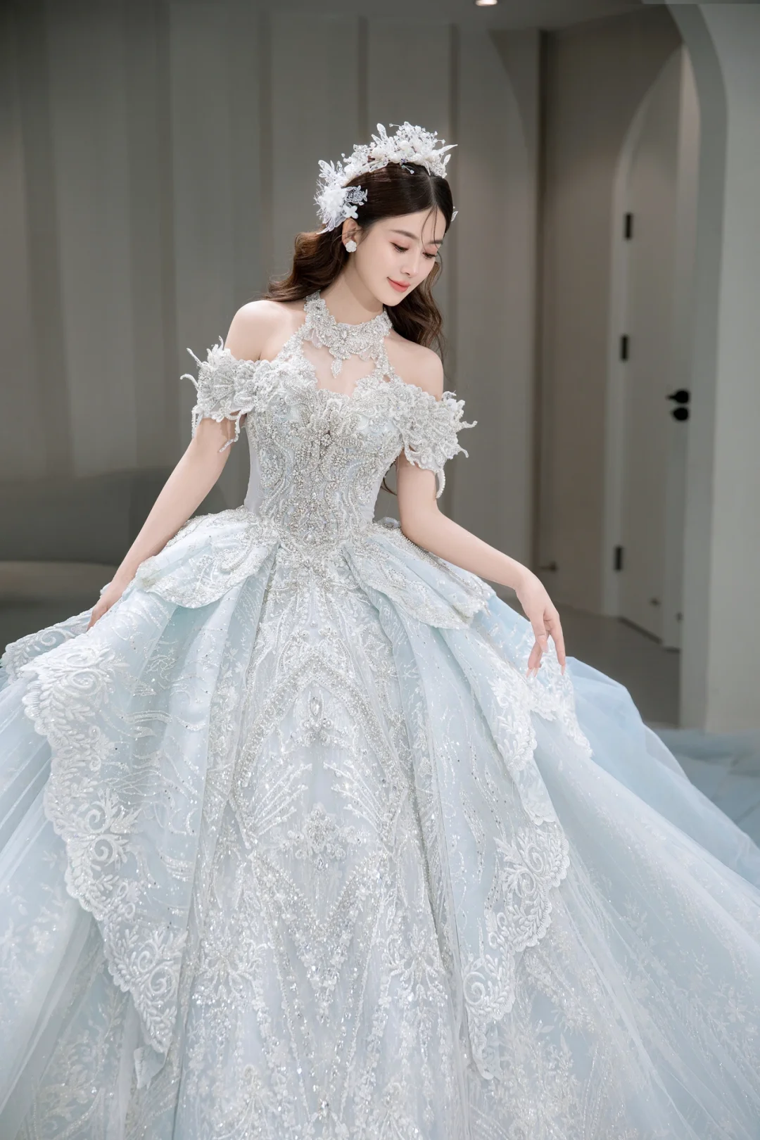 Robe de mariée longue en tulle et dentelle à paillettes, épaules dénudées, style bal intemporel, C4088
