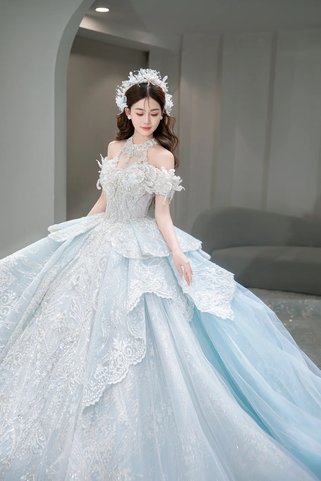 Robe de mariée longue en tulle et dentelle à paillettes, épaules dénudées, style bal intemporel, C4088
