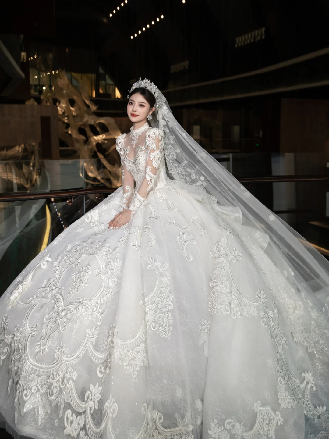 Robe de mariée de rêve en tulle et dentelle, manches longues, avec voile, C4089