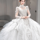 Superbe robe de mariée longue en tulle et paillettes, manches longues, C4090