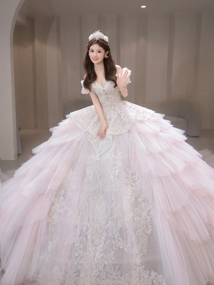 Robe de mariée longue en tulle à épaules dénudées et col rond, style unique, C4092