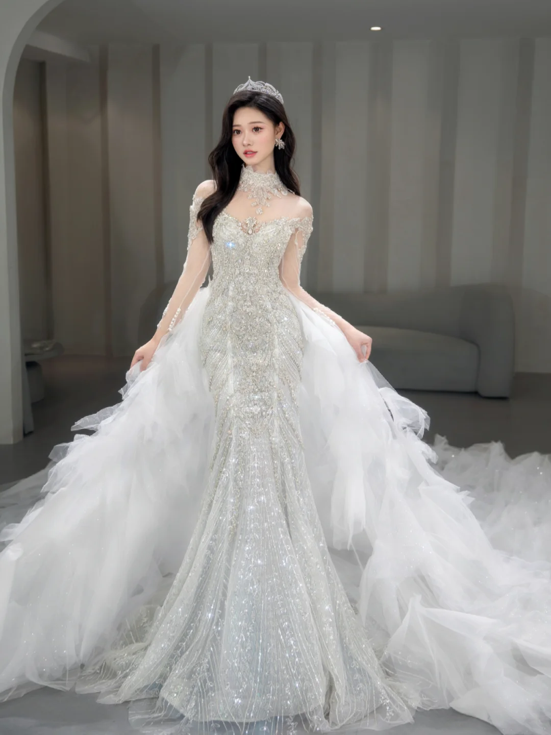 Robe de mariée sirène intemporelle en tulle, sequins, perles, manches longues, C4093