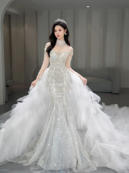 Robe de mariée sirène intemporelle en tulle, sequins, perles, manches longues, C4093