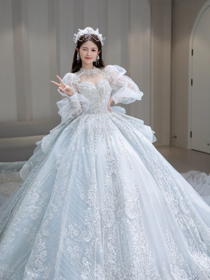 Robe de mariée longue en tulle, paillettes et perles, manches longues, style bal intemporel, C4094