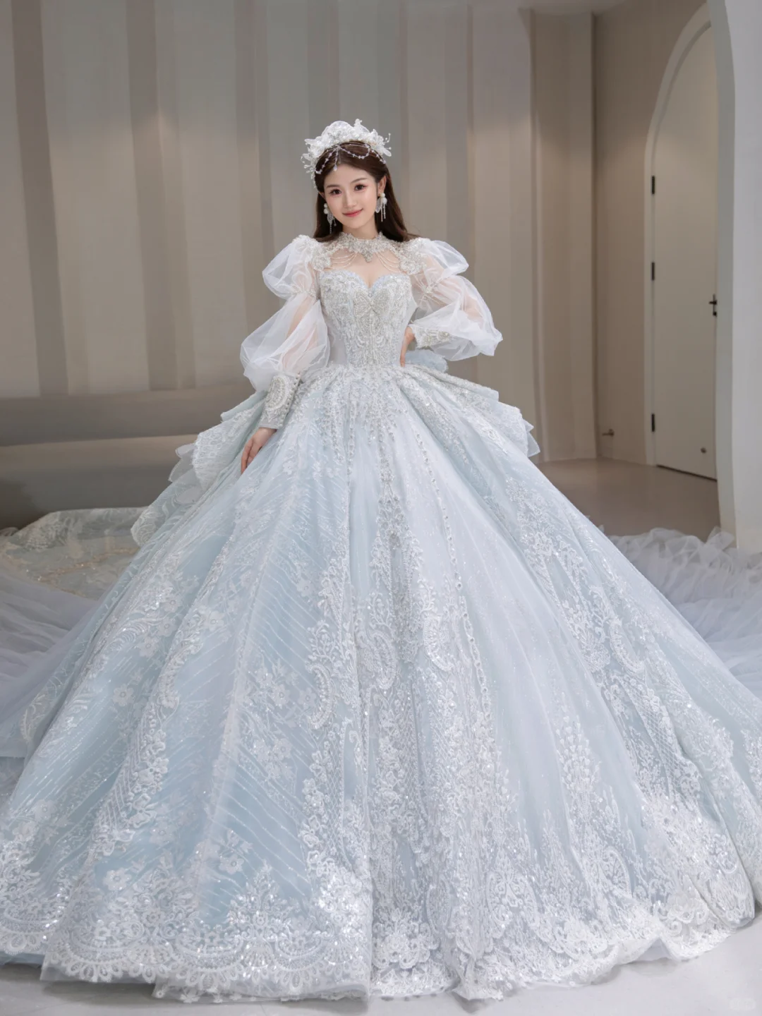 Robe de mariée longue en tulle, paillettes et perles, manches longues, style bal intemporel, C4094