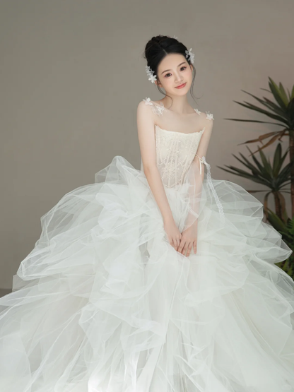 Pretty Ball Gown Strapless Tulle Long Wedding Dresses C4095