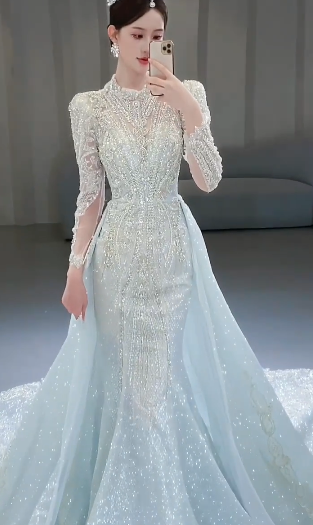 Superbe robe de mariée sirène en tulle, sequins et perles, manches longues, C4096
