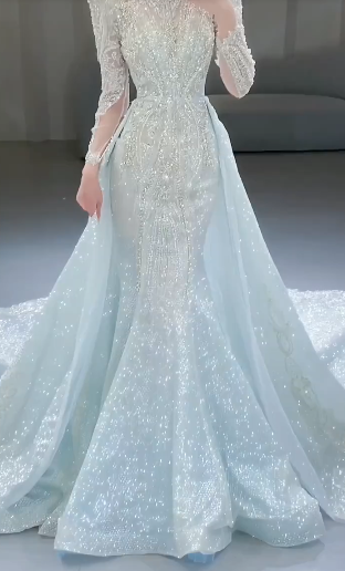 Superbe robe de mariée sirène en tulle, sequins et perles, manches longues, C4096