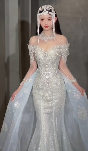 Robe de mariée sirène unique, épaules dénudées, tulle, paillettes, manches longues, longue, C4097