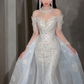 Robe de mariée sirène unique, épaules dénudées, tulle, paillettes, manches longues, longue, C4097
