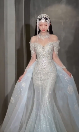 Robe de mariée sirène unique, épaules dénudées, tulle, paillettes, manches longues, longue, C4097