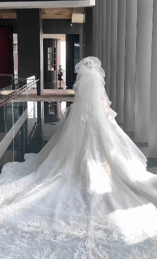 Robe de mariée longue en tulle blanc et dentelle, épaules dénudées, avec voile, C4098