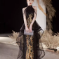 Robe de bal noire longue et sexy, ligne A, décolleté haut, C40