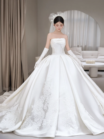Robe de mariée longue en satin, élégante, bustier, avec voile et gants, C4101