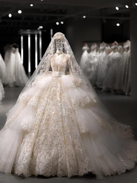 Robe de mariée luxueuse en tulle, dentelle, paillettes, perles, manches longues, avec voile, C4102