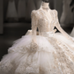 Robe de mariée luxueuse en tulle, dentelle, paillettes, perles, manches longues, avec voile, C4102