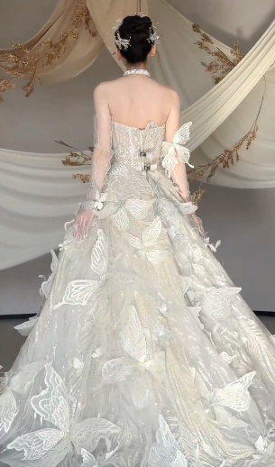 Superbe robe de mariée longue en tulle, sans manches, style papillon, C4104