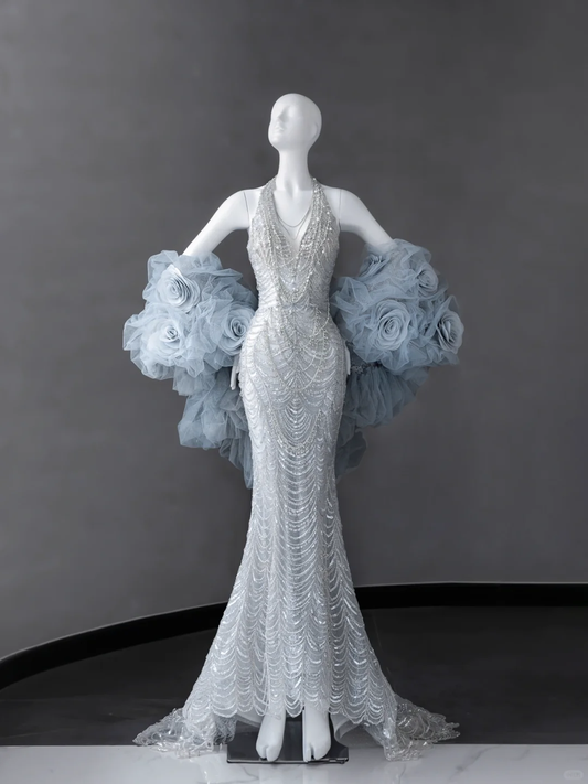 Robe de mariée longue luxueuse en tulle, col en V, sirène, perlée et cape C4106