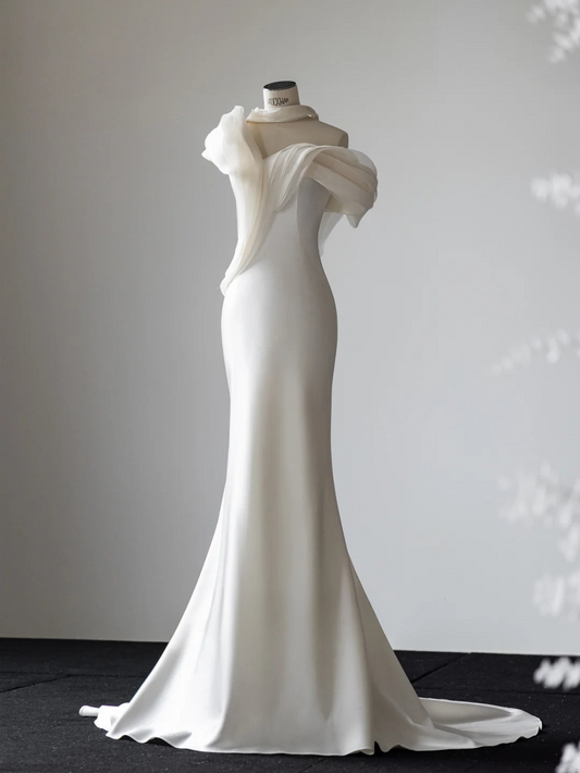 Robe de mariée longue en satin, style sirène, épaules dénudées, élégante, C4109