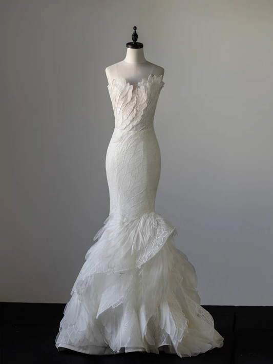Robe de mariée longue en tulle et perles, style sirène chic, sans manches, C4110
